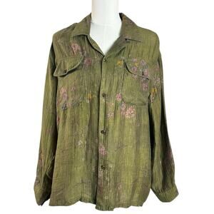 Free People Found Floral Moss Button Down Camp Shirt Olive Green Large Unisex